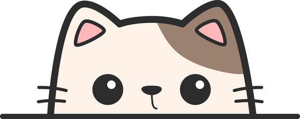 Cute cartoon brown cat peeking over line illustration, Kawaii cat sticker hand drawn cartoon
