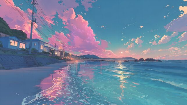 Twilight tranquility washes over a peaceful beachside town as vivid pink clouds mirror in the calm ocean water with an