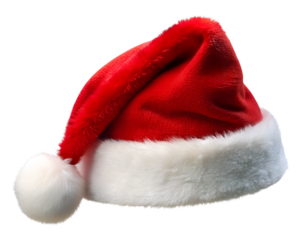 Red santa hat with white trim and pompom isolated on a transparent background festive holiday symbol