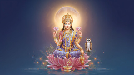 Bengali Lakshmi Puja banner, Goddess Lakshmi seated on a lotus with owl beside her