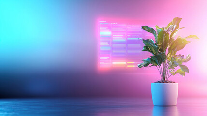 Modern indoor plant in white pot stands against vibrant digital interface with colorful lights, creating harmonious blend of nature and technology