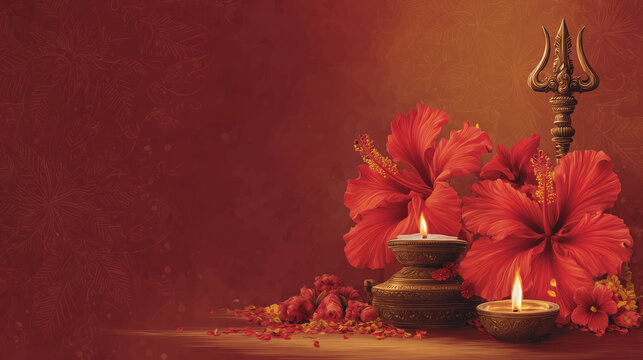 Bengali Kali Puja banner, symbolic trishul, hibiscus flower, diya and shankha placed in front of idol