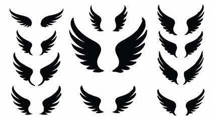 Obraz premium Collection of black vector angel wings in various sizes and styles on a white background design element