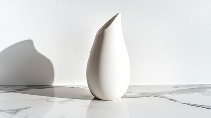 A white vase with a long, narrow neck and a short, wide base sits on a marble countertop.