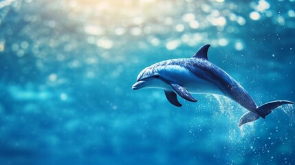 Fototapeta premium A playful dolphin leaps gracefully out of the vibrant blue ocean, showcasing its agility and beauty in a natural aquatic environment, surrounded by shimmering sunlight and water dr