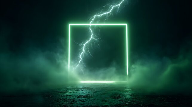 Lightning Striking Near Glowing Square Frame in Fog