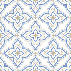 Ornamental Seamless Tile Pattern in Beige and Blue