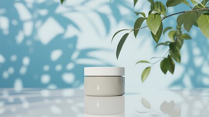 Minimalist Cream Jar with Plant Leaves Aesthetic Product Presentation for Natural Beauty and Skincare Advertising Mockup