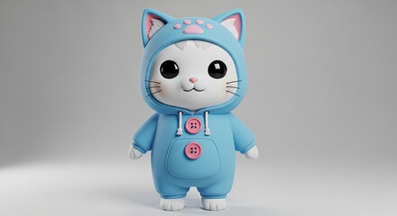 Fototapeta premium Cute Cartoon Cat Character Wearing Blue Hoodie with Ears and Tail in Gray Background