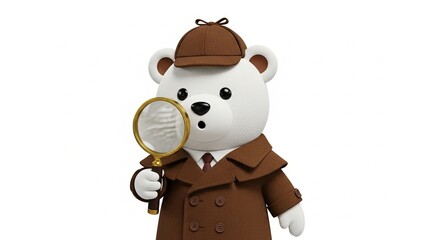 Fototapeta premium Cute Detective Bear Toy Wearing Brown Coat and Hat Holding Magnifying Glass