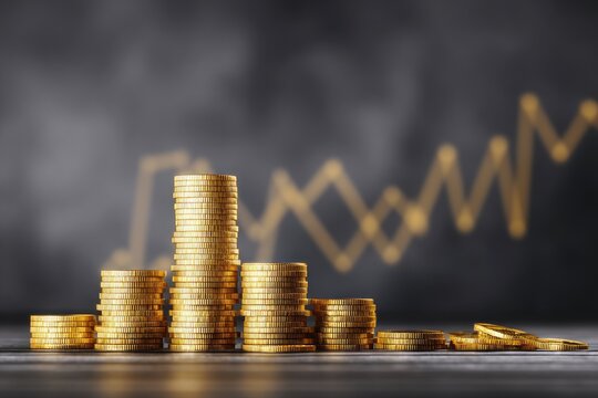 Gold coins stacked in columns against a dark backdrop with a financial graph