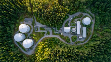 Aerial view of industrial plant with storage tanks nestled in a green forest as part of global energy infrastructure.