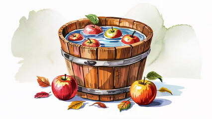 A watercolor-style flat lay illustration of a rustic wooden bucket brimming with clear water and vibrant red apples