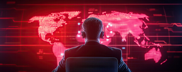 Corporate executive observes digital world map illuminated in red, symbolizing high tech environment. atmosphere conveys tension and urgency
