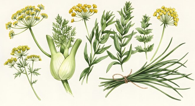 Watercolor illustration of culinary herbs including fennel tarragon oregano lovage  chives
