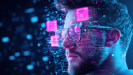 Futuristic portrait of man wearing glasses, surrounded by digital elements and vibrant colors, representing technology and innovation