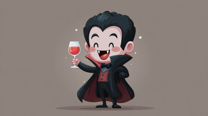 Cartoon Dracula with cape and fangs, holding wine glass with red juice, dark