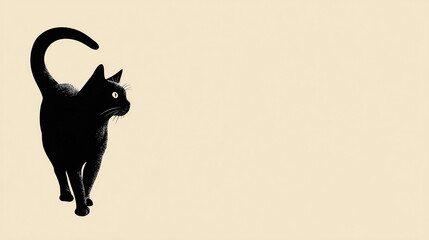 Stylized silhouette of a black cat standing with its tail curved