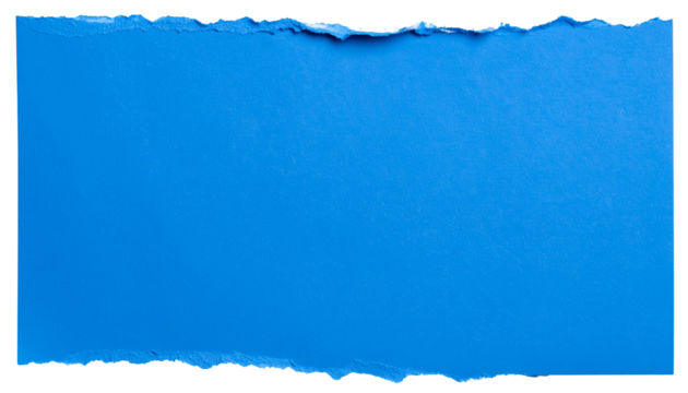 Torn, ripped paper edge in vivid blue, featuring realistic texture and detailed wrinkles. This isolated graphic displays natural damage, perfect for creative design, scrapbooking, digital collage, or 