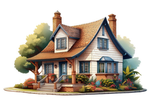 Detailed model of a quaint single-family residential house isolated on a transparent or white background.