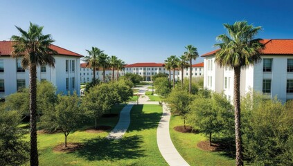 Fototapeta premium A wide-angle view of the campus at Middle Europe University, with its iconic red-tiled roofs and white buildings surrounded by lush green lawns and palm trees,