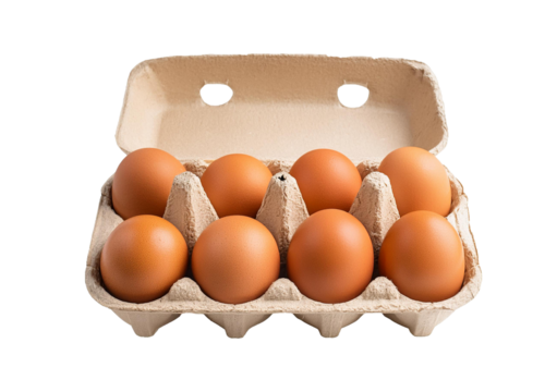 Eggs in a carton box of 8 isolated on a transparent or white background.