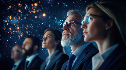 Futuristic leadership conference with diverse professionals focused on innovation and technology, surrounded by cosmic backdrop