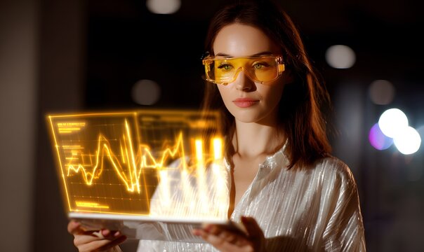 modern tech-savvy woman with brown hair, stylish, futuristic appearance, wearing smart glasses that display augmented reality, a woman is holding a glowing