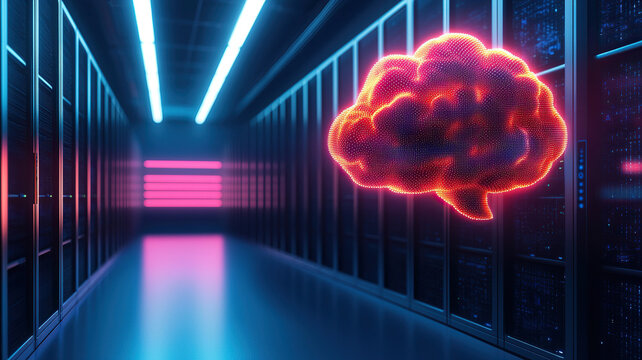 Futuristic AI powered brainstorming lab featuring glowing digital brain symbol in high tech server room, evoking innovation and creativity - Powered by Adobe