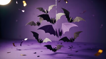 Ethereal Halloween Bats Papercraft Decorations Hanging Against a Purple Background