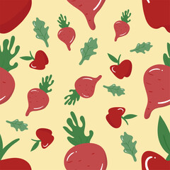 Apple beetroot vegetable on a yellow background. Food seamless pattern for clothing, fabric, wallpaper, backdrop, home decoration, cover book, and wall art.
