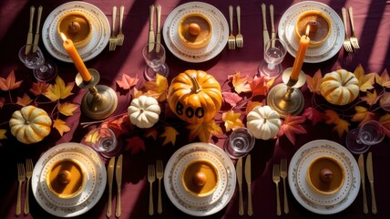 Festive Autumnal Thanksgiving Table Setting with Pumpkins and Candles