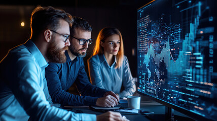 Innovative business professionals analyzing data on futuristic screen, showcasing teamwork and technology in modern workspace