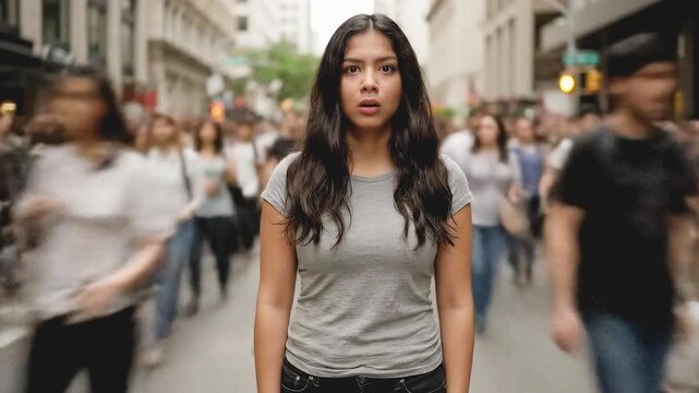 A person standing alone in a crowd, frozen in place while others blur past in motion, Panic Attacks and Anxiety disorder