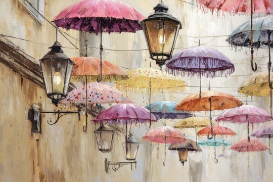 Colorful umbrellas and street lamps
