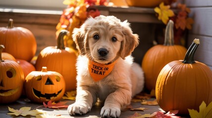 Adorable Golden Retriever Puppy with Pumpkins for Halloween