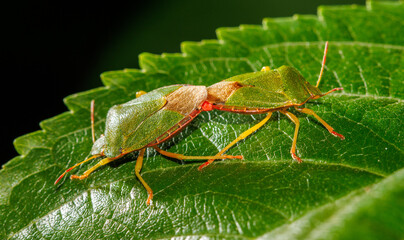 Two green bugs are on a leaf