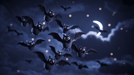 Cute Cartoon Bats Flying at Night Under the Moon