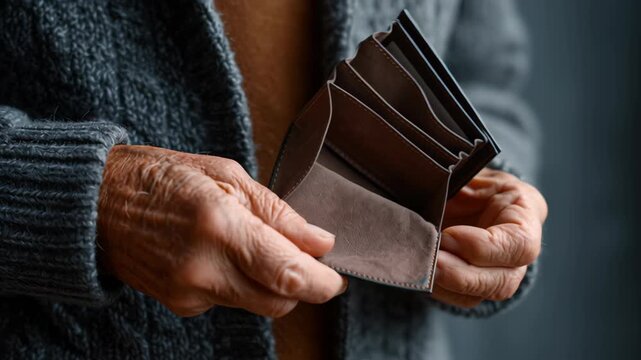 Senior retirement poverty from flawed social security funding policy, an empty wallet symbolizing despair and hardship