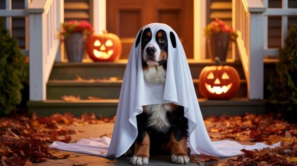 Bernese Mountain Dog Dressed as a Ghost for Halloween on Porch