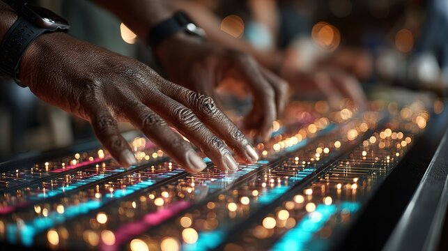 Close-up of multi-ethnic hands collaborating on touchscreen table, dragging digital icons to form project timeline, background of blurred office with diverse team laughing