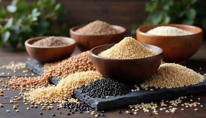 An Abundant and Varied Display of Healthy Grains and Seeds, Including White, Black, Brown, and Golden Varieties, Piled Artfully on a Dark Slate Board and Arranged in Wooden Bowls 