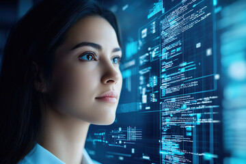 Focused woman gazes at futuristic digital interface filled with data and holographic elements, embodying innovation and technology