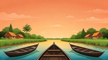 Tranquil tropical river scene with traditional wooden boats and lush greenery under a warm sunset sky