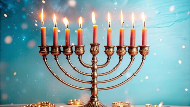 Illuminated menorah with glowing candles in a festive winter celebration scene