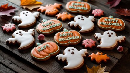 Spooky Halloween Ghost and Pumpkin Gingerbread Cookies on Rustic Wooden Background