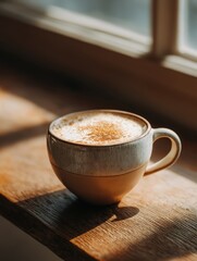 Warm cup of coffee with frothy milk and cinnamon sits on a rustic wooden table, illuminated by soft sunlight streaming through a window, creating a cozy atmosphere