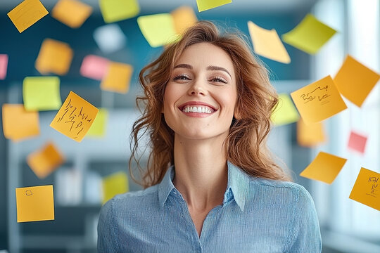 Smiling woman in creative workspace surrounded by colorful sticky notes, radiating positivity and inspiration