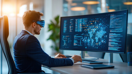 High tech strategy meeting room with AR powered screens, showcasing data analytics and global connectivity