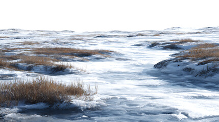 Partially frozen riverbed with ice and snow surrounded by dry winter grass isolated on transparent background